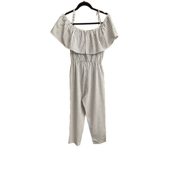 H&M Off-the-Shoulder Striped Jumpsuit 100% Cotton Side Pockets Elastic Neck Sz 6 - Picture 2 of 15